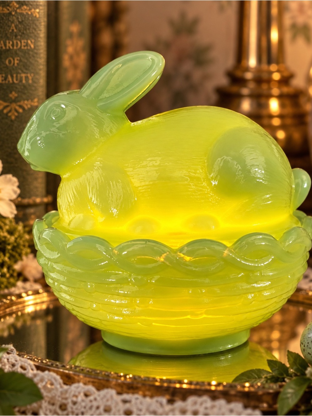 Mosser Jadeite Green Glass Bunny on Nest Fairy Lamp Rabbit